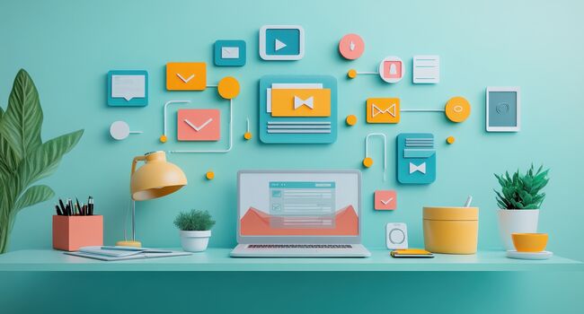 Ein Laptop auf einer Arbeitsfläche mit vielen kleinen Symbolen drum herum an der Wand