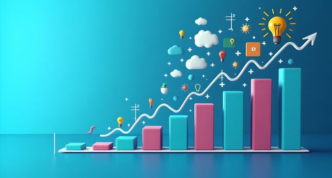 Eine Balkengrafik mit einer daran aufsteigenden Linie darüber mit vielen kleinen Symbolen darüber