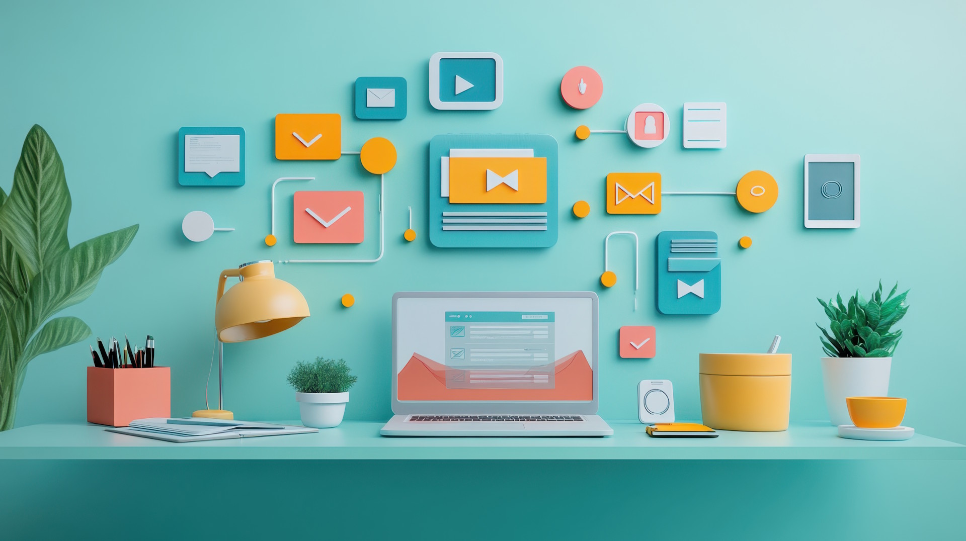 ein Laptop auf einer Arbeitsfläche, drum herum an der Wand sind viele kleine Icons angebracht