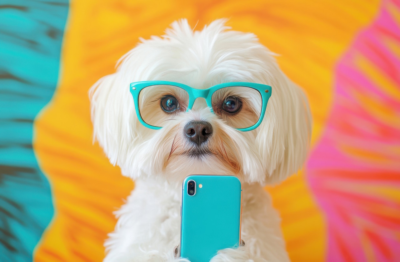 Hund mit türkiser Brille und türkisem Handy