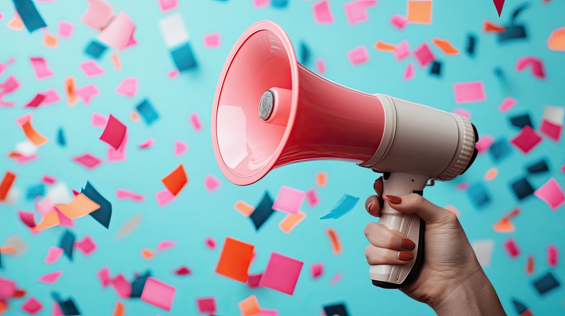 eine Frauenhand hält ein Megaphon, in Hintergrund rieselt Konfetti herab